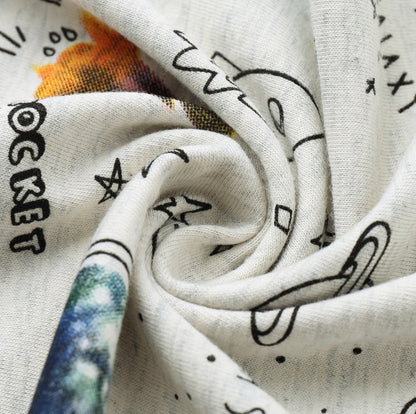 日差しに強くさらっと快適 子ども半袖Tシャツ 宇宙カートゥーン総柄 UVカット加工 コットン 90〜140cm