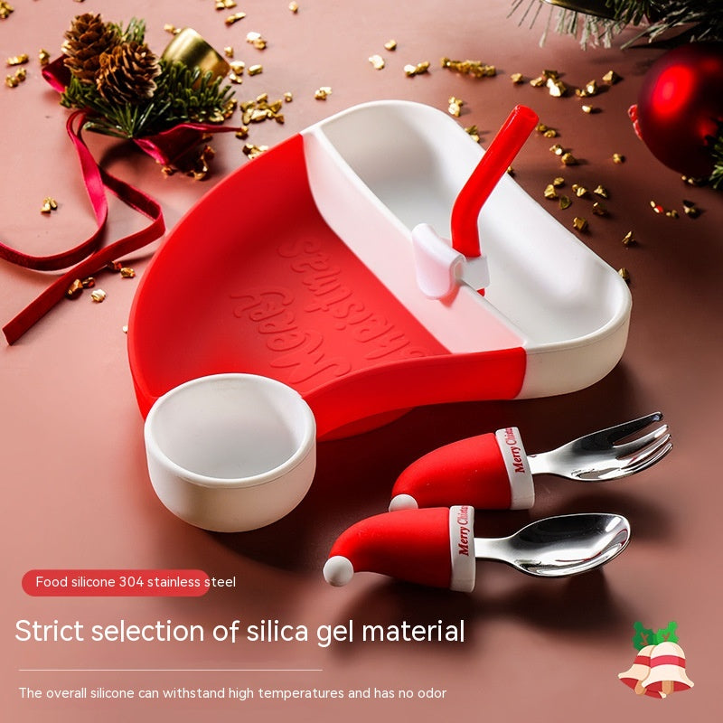 サンタ帽形の仕切り付きシリコンプレートと小鉢、シリコンストロー、ステンレス304のスプーン・フォーク（赤ハンドル）のセット

