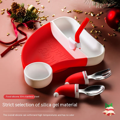 サンタ帽形の仕切り付きシリコンプレートと小鉢、シリコンストロー、ステンレス304のスプーン・フォーク（赤ハンドル）のセット

