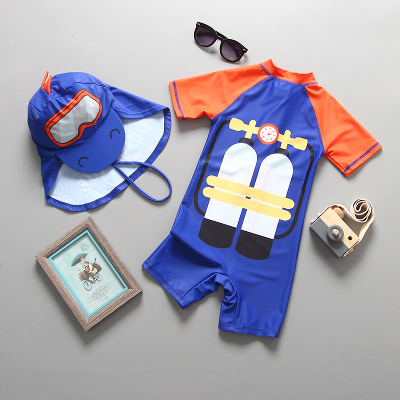 フード付きシャーク柄ボーイズUVサーフスーツ｜前開きジップのラッシュガード一体型（90・100・110・120・130・140cm／3色）