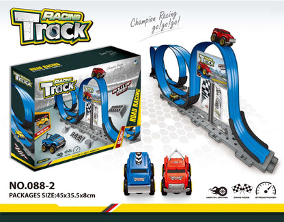 ループを通過した後にストレートコースを走るレーシングカーを横から撮影した写真
