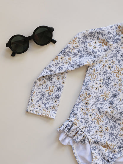 キッズ女の子 UV対策 ラッシュガード風 長袖ワンピース水着 フロントジップ フリル付き 高伸縮ポリエステル 80cm・90cm・100cm・110cm・120cm・130cm