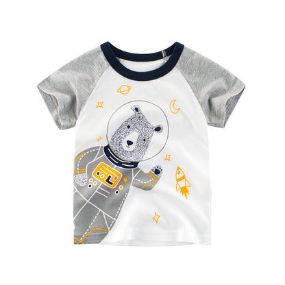 やわらかソフト加工でさらっと快適 子ども半袖Tシャツ 宇宙飛行士くまカートゥーン柄 グレー配色 90〜140cm