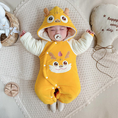 イエロードラゴンデザインの厚手コットンブレンド長袖ベビーカバーオール
