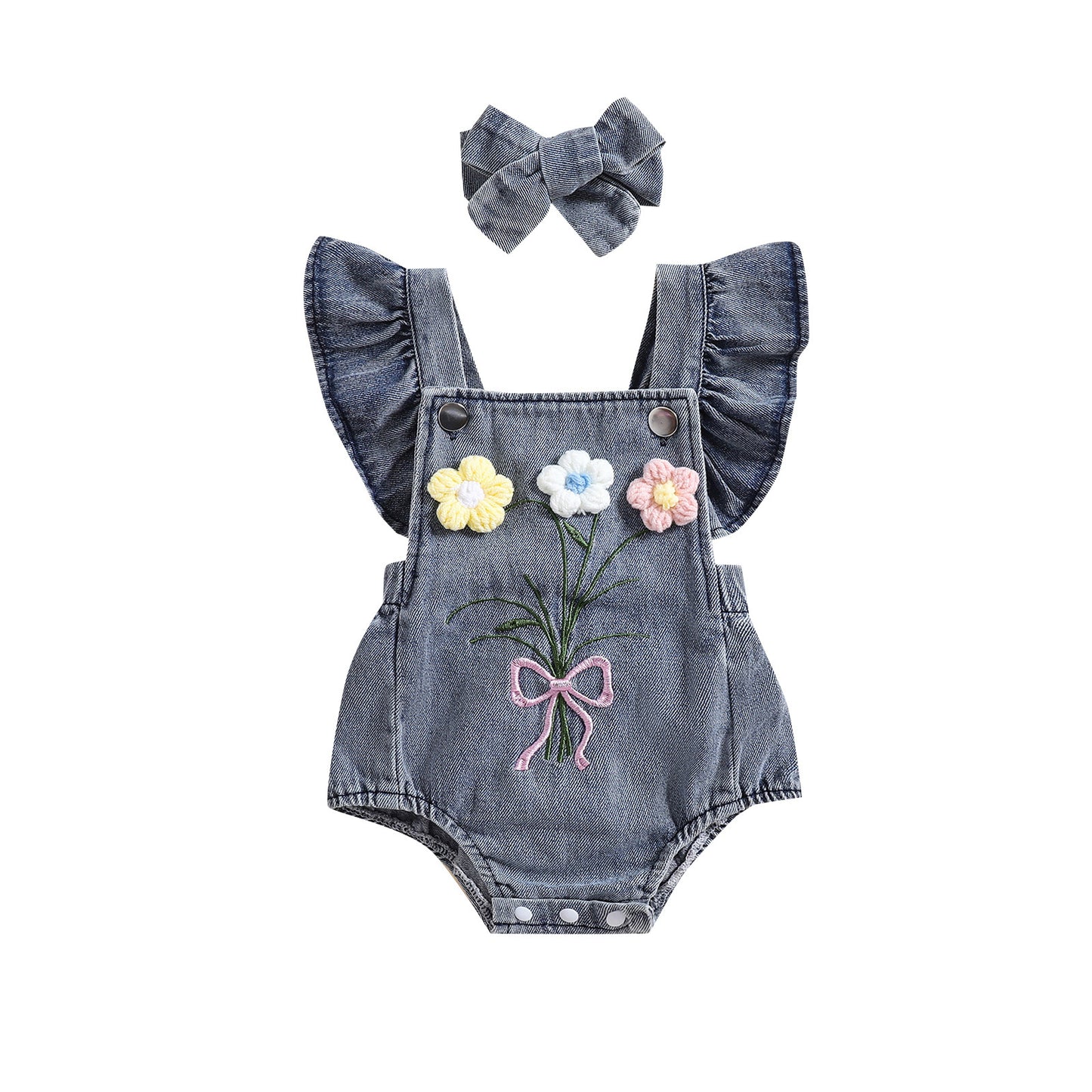 夏の涼しさを上品にまとう 女の子ノースリーブリネンロンパース トライアングルデザイン ヘアバンド付き 0〜18ヶ月