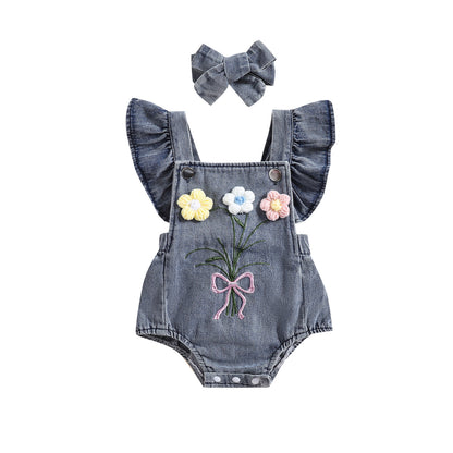 夏の涼しさを上品にまとう 女の子ノースリーブリネンロンパース トライアングルデザイン ヘアバンド付き 0〜18ヶ月