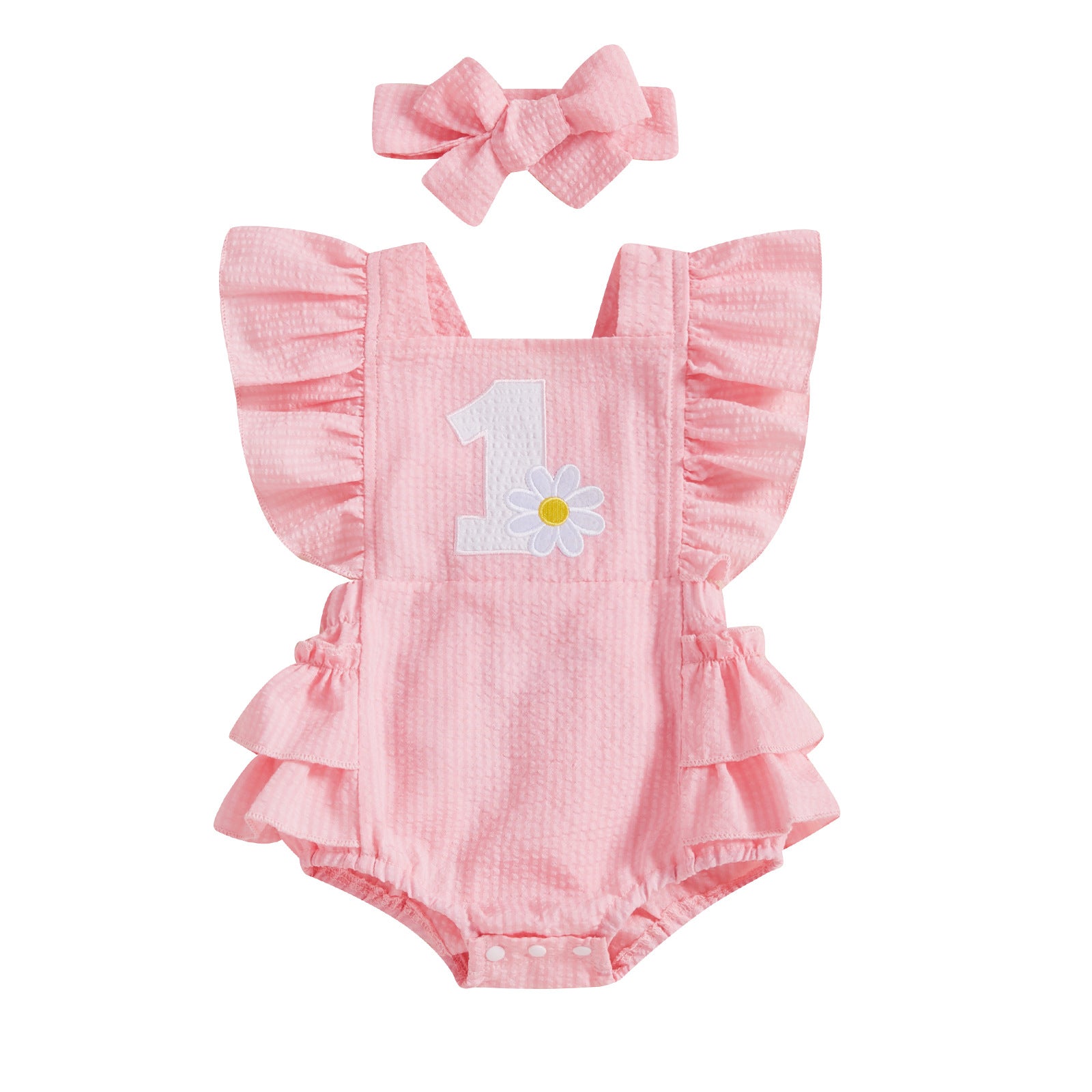 ピンクのフリルロンパース 正面デザイン
