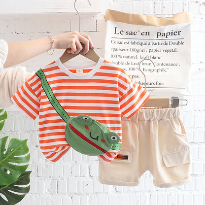 さらっと薄手で夏に快適 子ども半袖セットアップ カエルモチーフボーダー コットン 80~120cm