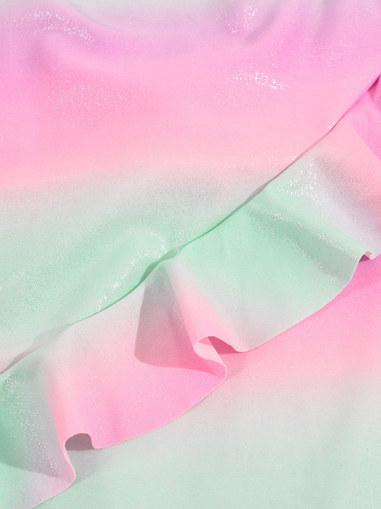 グラデーションラメ調 ガールズワンピース水着｜アシンメトリーフリル・ナイロン82%・70〜100cmcm