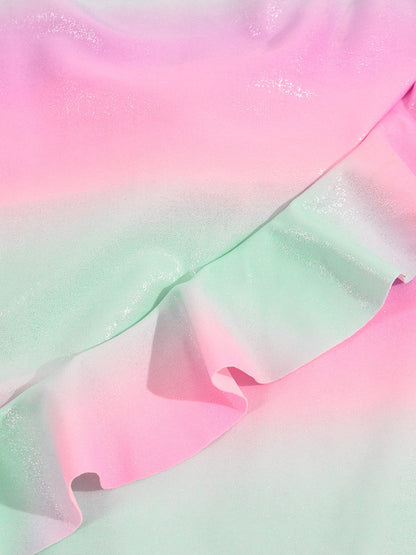 グラデーションラメ調 ガールズワンピース水着｜アシンメトリーフリル・ナイロン82%・70〜100cmcm