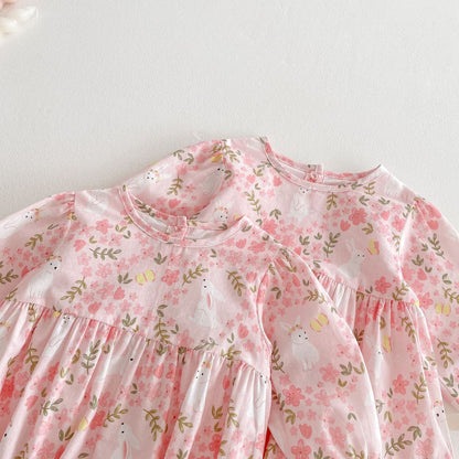 ふんわり花柄とうさぎプリントで春秋コーデが華やぐ 女の子ワンピース＆ロンパースセット コットン 66~120cm