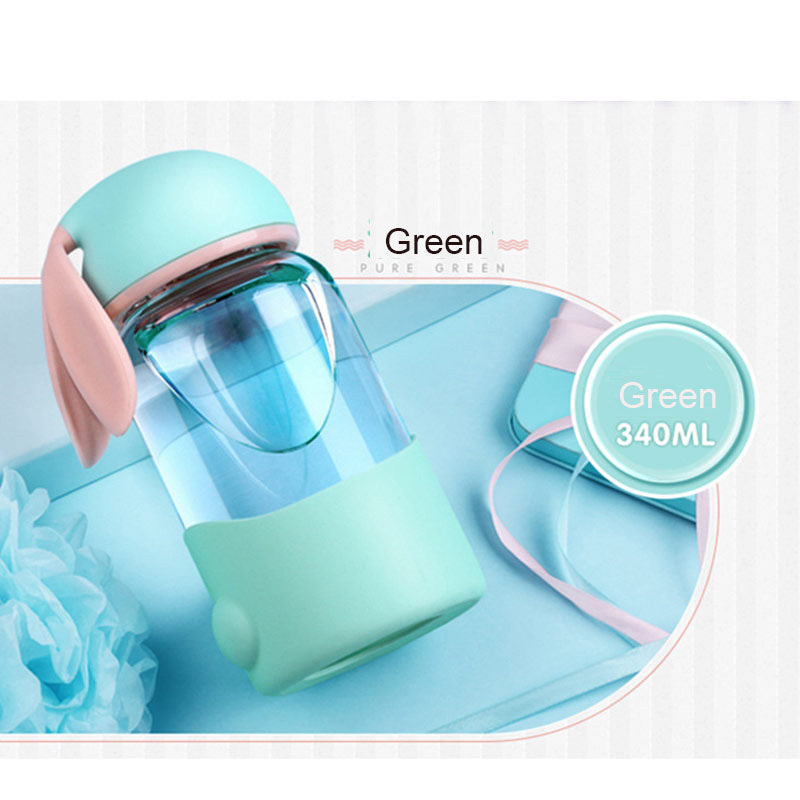グリーン340mlのうさ耳デザイン耐熱ガラスボトル シリコンホルダー付き（ワイドマウスボトル）
