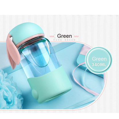 グリーン340mlのうさ耳デザイン耐熱ガラスボトル シリコンホルダー付き（ワイドマウスボトル）
