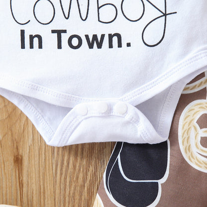 夏もさらっと快適に着られる 赤ちゃん英字プリント半袖ロンパース＆ロングパンツ＆帽子 3点セット コットン ホワイト 60~100cm