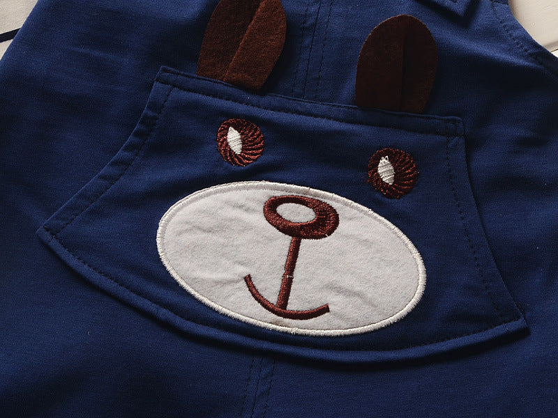 動くたびにかわいさ引き立つ 子どもオーバーオール上下セット パンダフェイス×ボーダー半袖 80〜110cm