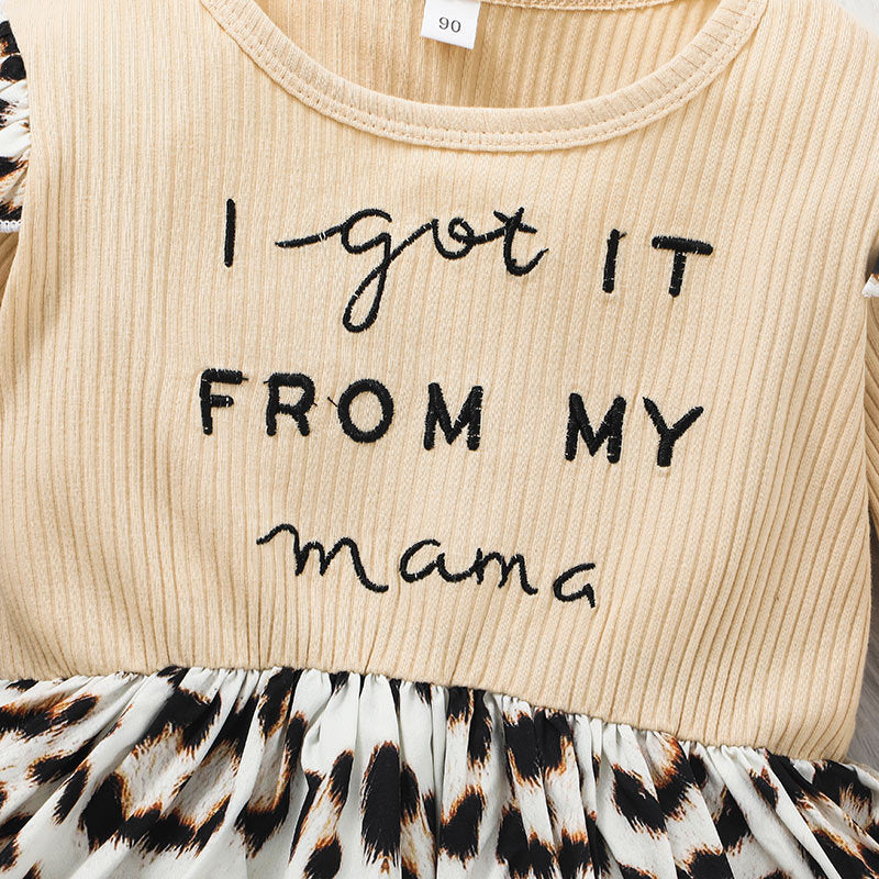 やさしいイエローで華やぐ 女の子長袖ワンピース 英字プリント×レオパード柄 Aライン コットン素材 80~120cm