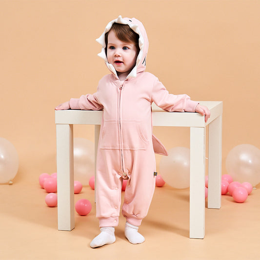 美ベロア素材のフード付きベビーロンパース平置き写真
