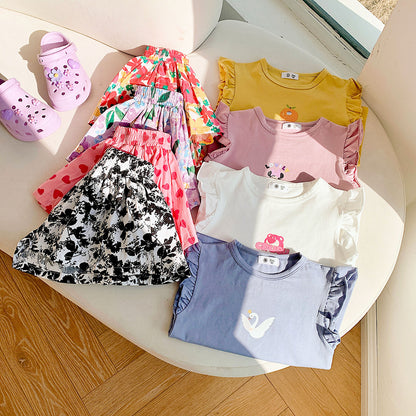 涼しげフリル袖で夏コーデが可愛く整う 女の子トップス＆花柄ショートパンツ2点セット コットン 90~140cm