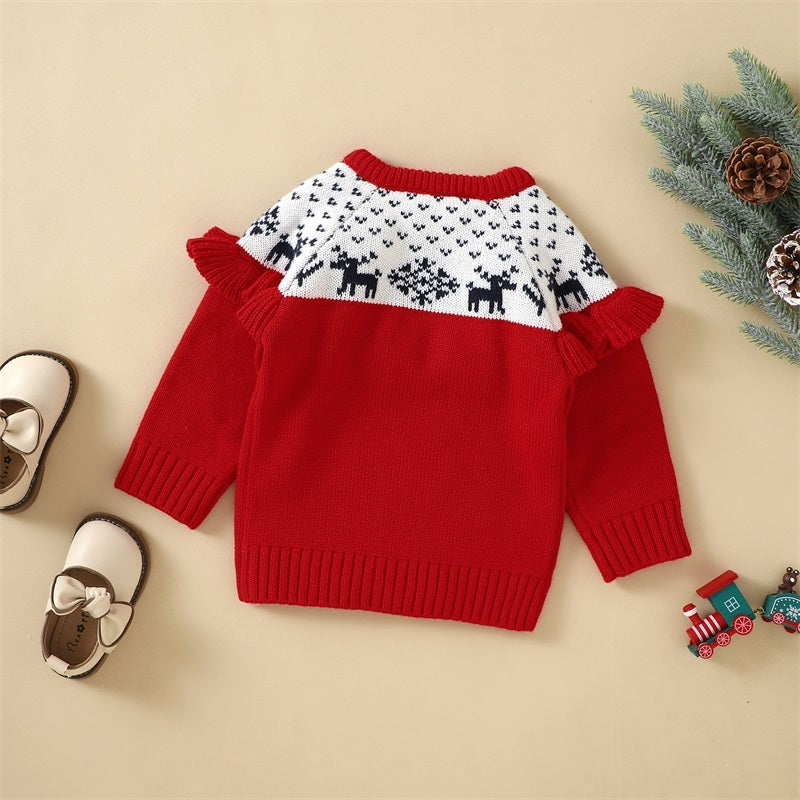 女の子ベビー長袖ニットプルオーバー 赤色 丸襟 柔らかい秋冬アクリル素材 | Baby Girls Knit Pullover Sweater Red Lumisei Prime