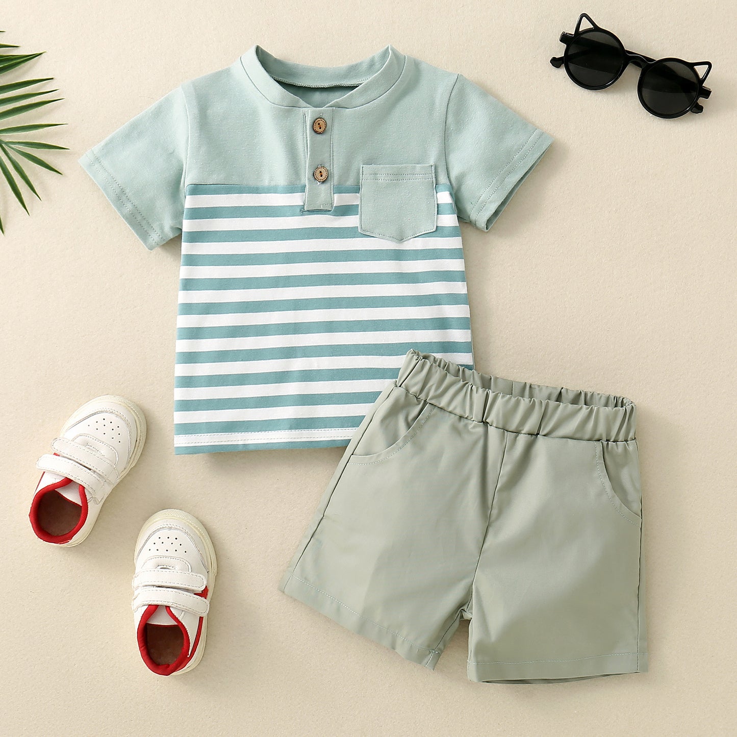 きちんと見えで夏のおしゃれが完成 男の子半袖トップス＆ショートパンツセット ボーダー切替 オープンカラー風 コットン 80~120cm