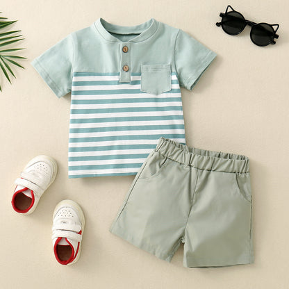 きちんと見えで夏のおしゃれが完成 男の子半袖トップス＆ショートパンツセット ボーダー切替 オープンカラー風 コットン 80~120cm
