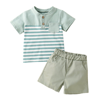 きちんと見えで夏のおしゃれが完成 男の子半袖トップス＆ショートパンツセット ボーダー切替 オープンカラー風 コットン 80~120cm