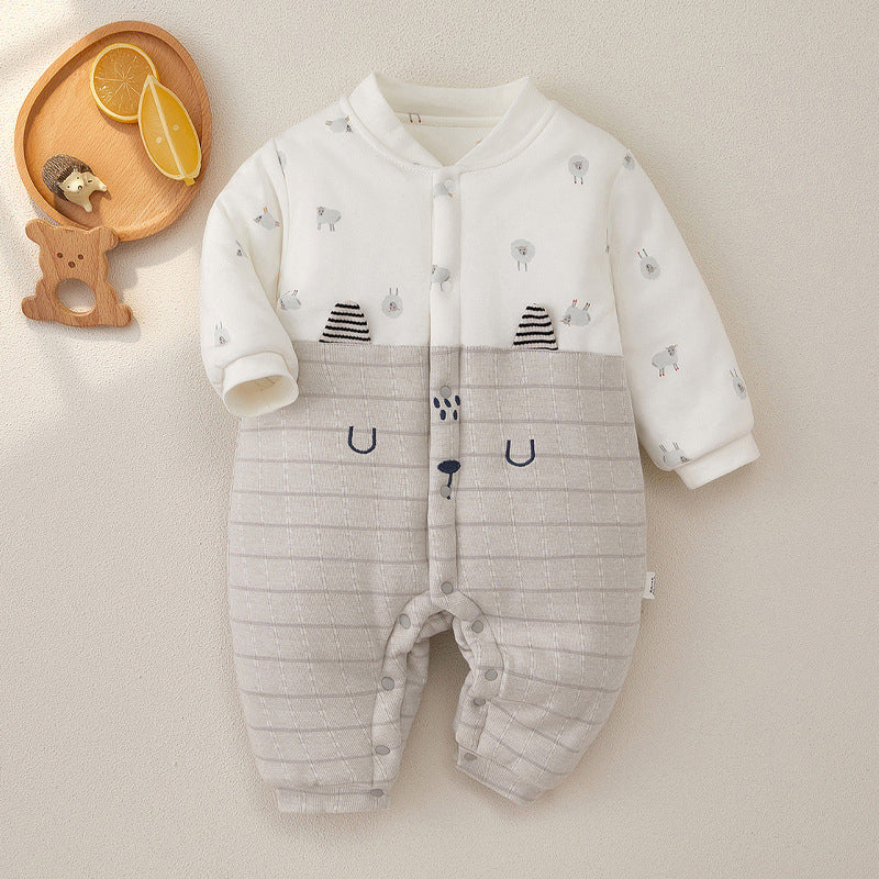 ぬくもりに包まれて安心して過ごせる ベビーカバーオール 総柄プリント スタンドカラー 前開きボタン コットン厚手 66~90cm