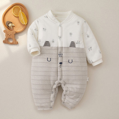 ぬくもりに包まれて安心して過ごせる ベビーカバーオール 総柄プリント スタンドカラー 前開きボタン コットン厚手 66~90cm