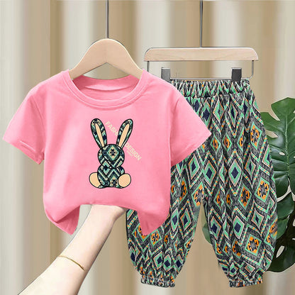 さらっと涼しい 子ども半袖Tシャツ＆総柄パンツ上下セット うさぎプリント レター入り コットン×ポリエステル 90~140cm