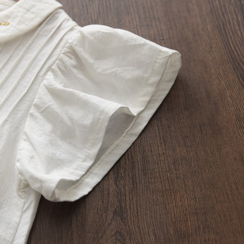 刺繍入りドール襟が上品に映える 女の子フライングスリーブワンピース 無地コットン 100~140cm