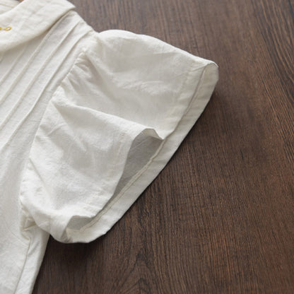 刺繍入りドール襟が上品に映える 女の子フライングスリーブワンピース 無地コットン 100~140cm