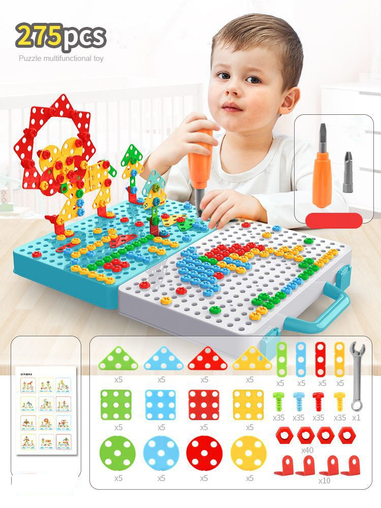 ボード上に大きな立体フラワー作品が組み立てられ、下部に275ピースセットの豊富なプレート類とネジ、スパナが一覧表示された画像
