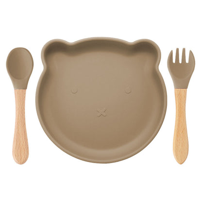 クルミカラーのくま型シリコンプレートとスプーン・フォークセット（シリコン食器）
