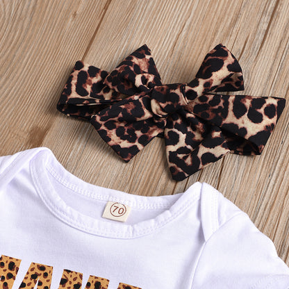 ママとリンク気分でおしゃれに決まる 女の子ベビー半袖ロンパース＆レオパード柄パンツ3点セット 英字プリント コットン素材 70~100cm