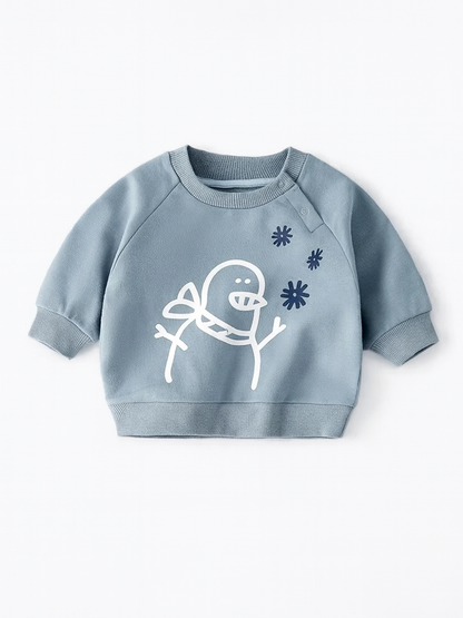 雪だるまと雪の結晶プリントがかわいいブルーカラーキッズコットン長袖トレーナー前面
