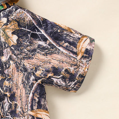 外遊びがもっと楽しくなる 男の子半袖フーディーセット 迷彩カモフラージュ柄カーゴショーツ ポリエステル混 18-24ヶ月~6歳