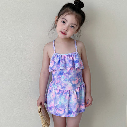 【スイムキャップ付き】キッズ女の子 フリルスカート一体型ワンピース水着 花柄・パープル｜日差し対策・塩素に強い・吸汗速乾・通気性 2-10歳