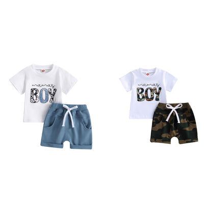動きやすく毎日がきまる 男の子上下セット 半袖Tシャツ&ショートパンツ mama's BOY レタープリント 迷彩デザイン コットン混 70~110cm