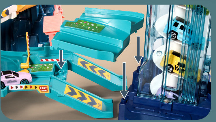 恐竜フィギュアとカラフルな車が並んだレールカー駐車場のクローズアップ
