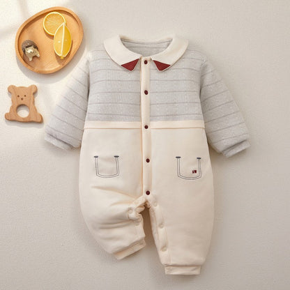 ぬくもりに包まれて安心して過ごせる ベビーカバーオール 総柄プリント スタンドカラー 前開きボタン コットン厚手 66~90cm