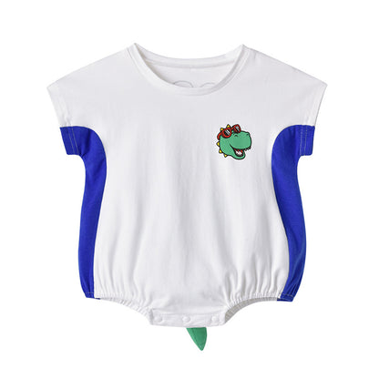 薄手でさらっと夏に快適 赤ちゃん三角ロンパース 恐竜プリント 立体しっぽ コットン 59~100cm