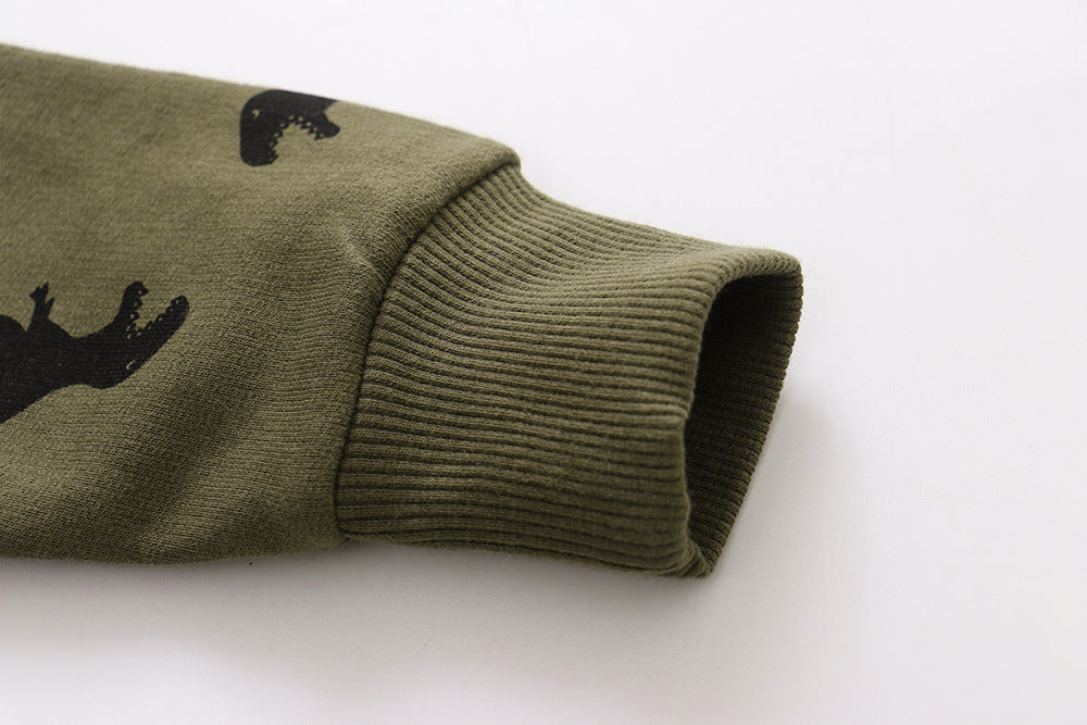 ふんわり快適で季節の変わり目に頼れる 男の子クルーネックトレーナー 恐竜カートゥーン総柄 コットン 90〜140cm