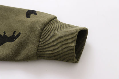 ふんわり快適で季節の変わり目に頼れる 男の子クルーネックトレーナー 恐竜カートゥーン総柄 コットン 90〜140cm