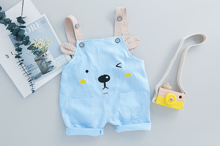 コーデが一瞬で完成して動きやすい 子どもボーダー半袖Tシャツ＆アニマルフェイスサロペットオーバーオール2点セット ブルー・ピンク 70~100cm