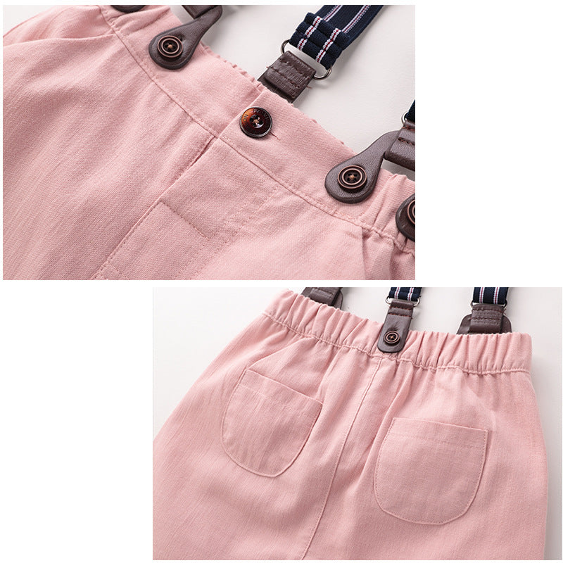 きちんと見えで写真映えも叶う 男の子ベビーギンガム半袖ロンパース＆サスペンダーショーツセット 蝶ネクタイ風デザイン コットン100% 59~100cm