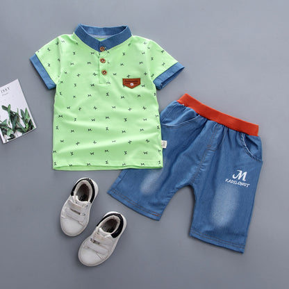 毎日がもっと動きやすい 子ども上下セット Mロゴ総柄半袖ポロシャツ＆ショートパンツ コットン やわらか加工