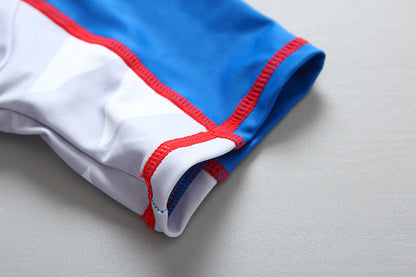 フード付きシャーク柄ボーイズUVサーフスーツ｜前開きジップのラッシュガード一体型（90・100・110・120・130・140cm／3色）