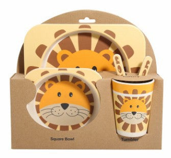 ライオン柄 竹製ベビー食器5点セット 動物モチーフ（子ども食器セット）
