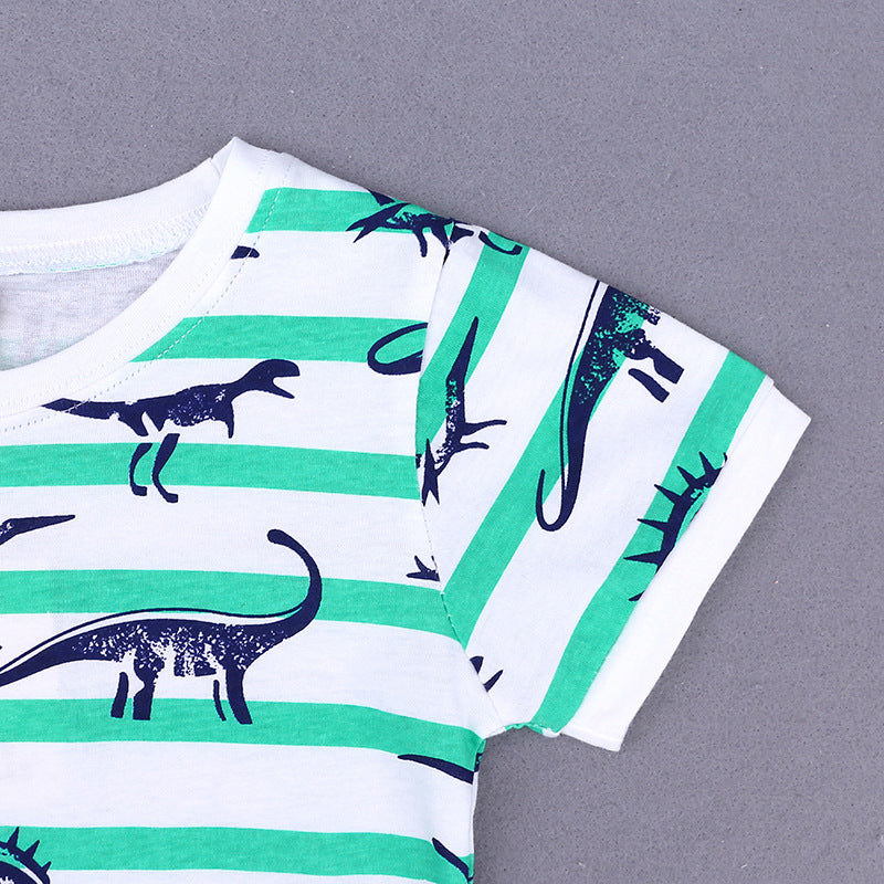 元気に走れる夏コーデが即完成する 男の子半袖Tシャツ＆ショートパンツセット ボーダー恐竜柄 コットン 100~150cm