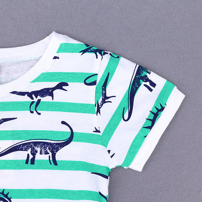 元気に走れる夏コーデが即完成する 男の子半袖Tシャツ＆ショートパンツセット ボーダー恐竜柄 コットン 100~150cm